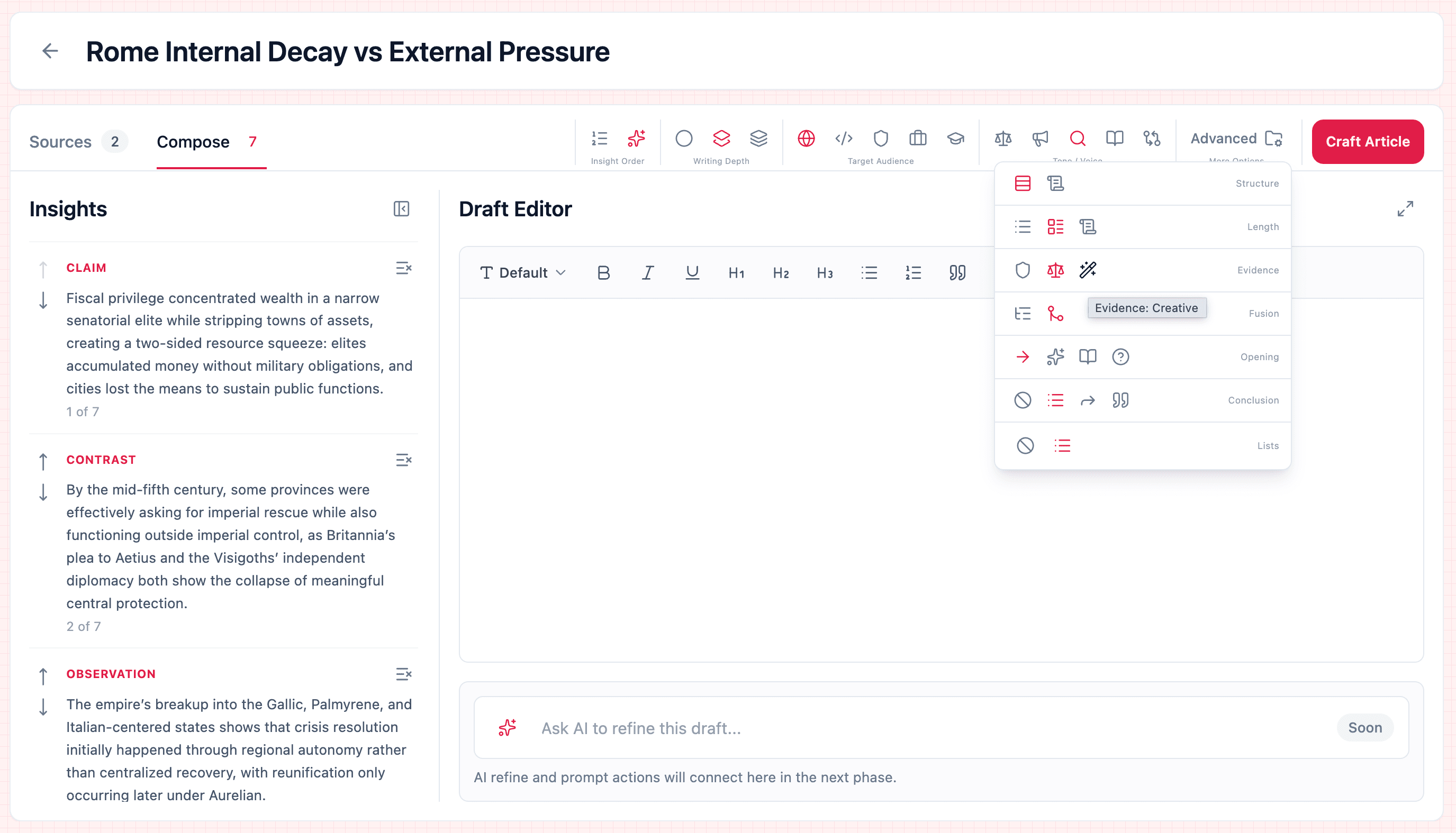 Crafticle: article generation options