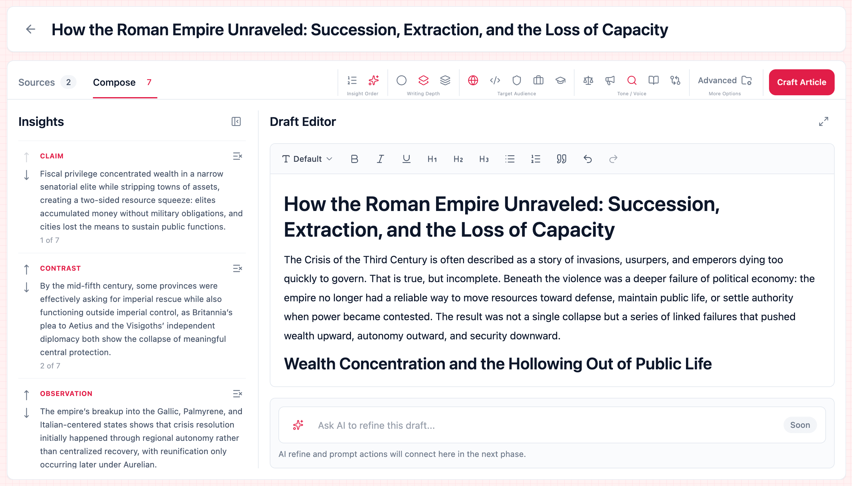 Crafticle: drafting from selected insights